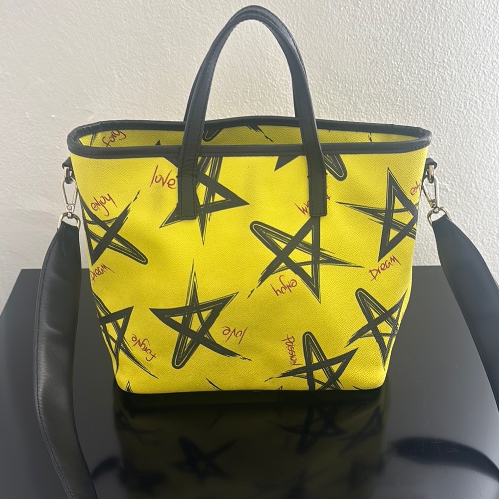 Camila Canabal Bold Yellow and Black Star Tote Bag with Leather Trim